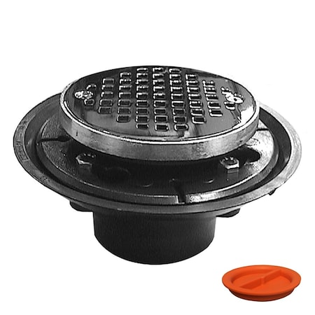 Jones Stephens 2X3in ABS Shower Drain, 2in ABS Spud, 4in Round Chrome Plated Cast Strainer, Grout Ring, Test Plug D50310TP